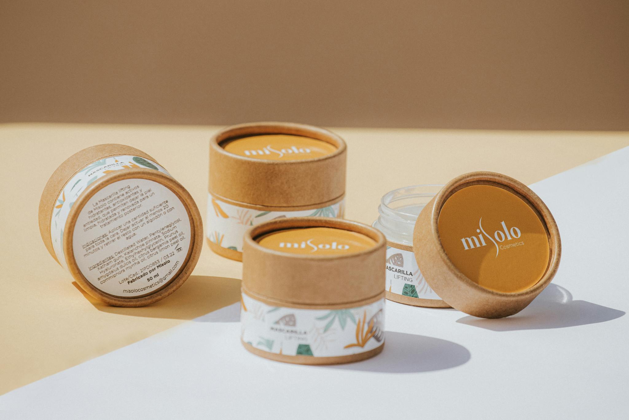 Close-up of Misolo skin care products showcasing eco-friendly packaging with a natural aesthetic.