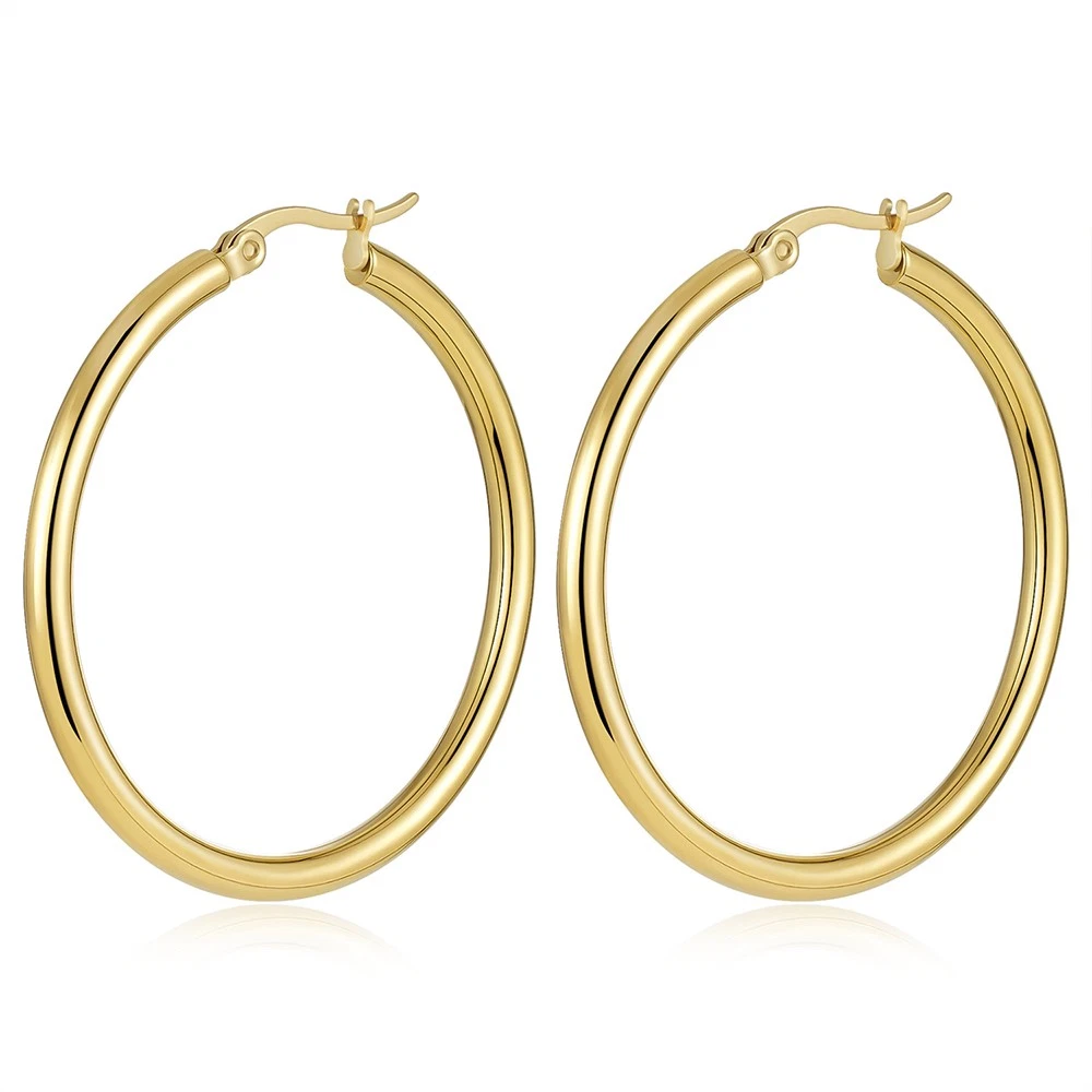 14K Real Solid Yellow Gold Shiny Polished Round Creole Hoop Earrings All Sizes - Image 8