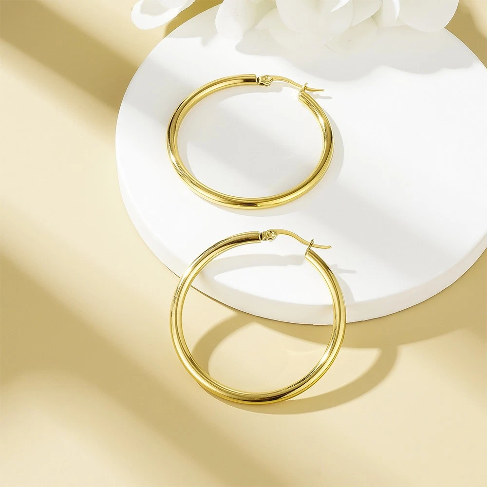 14K Real Solid Yellow Gold Shiny Polished Round Creole Hoop Earrings All Sizes - Image 6