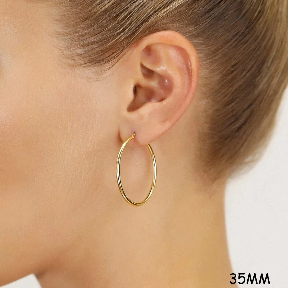 14K Real Solid Yellow Gold Shiny Polished Round Creole Hoop Earrings All Sizes - Image 15