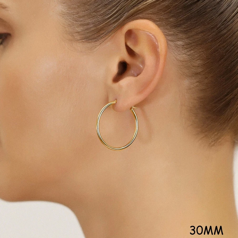 14K Real Solid Yellow Gold Shiny Polished Round Creole Hoop Earrings All Sizes - Image 14