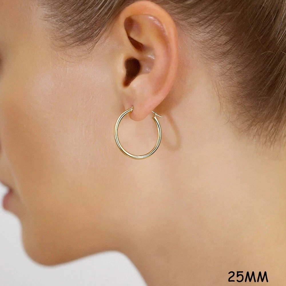 14K Real Solid Yellow Gold Shiny Polished Round Creole Hoop Earrings All Sizes - Image 13