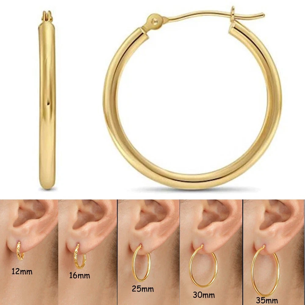 14K Real Solid Yellow Gold Shiny Polished Round Creole Hoop Earrings All Sizes - Image 10